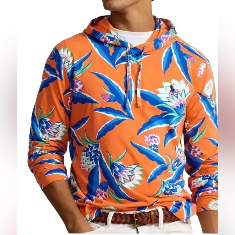 Polo Ralph Lauren Men's Floral Print Hoodie Orange Blue Tropical Small S Shirt